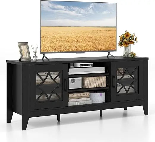 Farmhouse TV Stand w/Glass Door Cabinets & 4 Adjustable Shelves