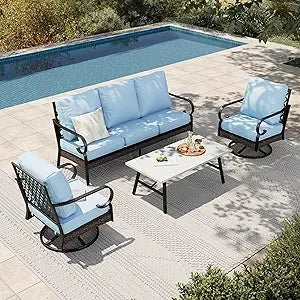 4-Piece Patio Furniture Set with Metal & Rattan Design, Includes 2 Rocking Chairs, 3-Seat Sofa & Marble Coffee Tabl