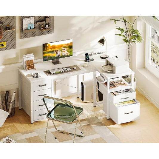 L Shaped Computer Desk with 6 Drawers, Storage Shelf & File Drawer,