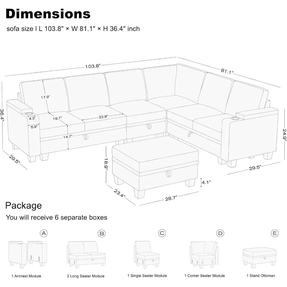Chenille Modular Sectional Sofa Convertible L Shaped with Storage