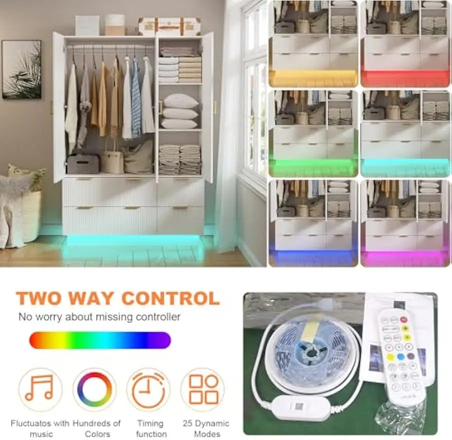 Wardrobe Closet with 3 Door, with Mirror and LED Lights, Hanging Rod, Drawers