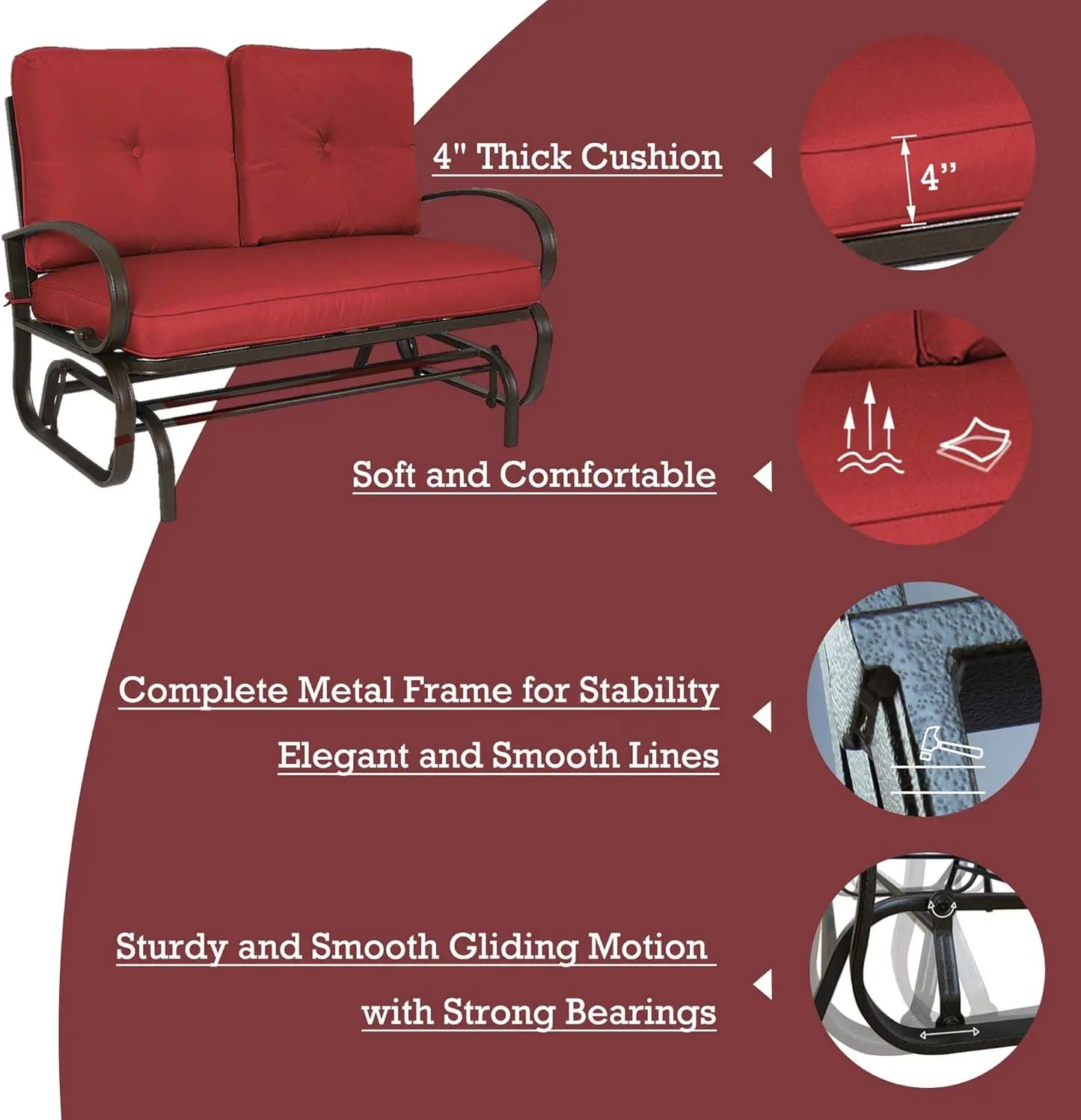 Patio Glider Bench - Rocking Loveseat and Cushioned Seats for Patio