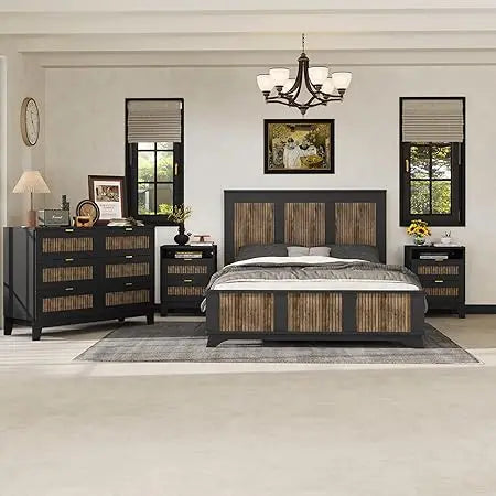 4 Piece Queen Bedroom Set, Queen Size Platform, 2 Nightstands and Dresser