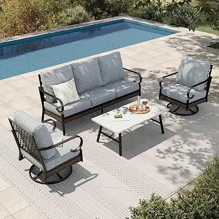4-Piece Patio Furniture Set with Metal & Rattan Design, Includes 2 Rocking Chairs, 3-Seat Sofa & Marble Coffee Tabl