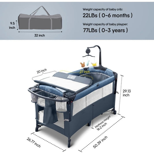 Baby Bassinet Bedside Crib, Pack and Play w/Sheet, Diaper Changing Table & Music Mobile