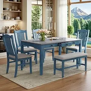 6 Piece, Farmhouse Kitchen Table Set with 4 Upholstered Chairs, Bench and Storage Drawers