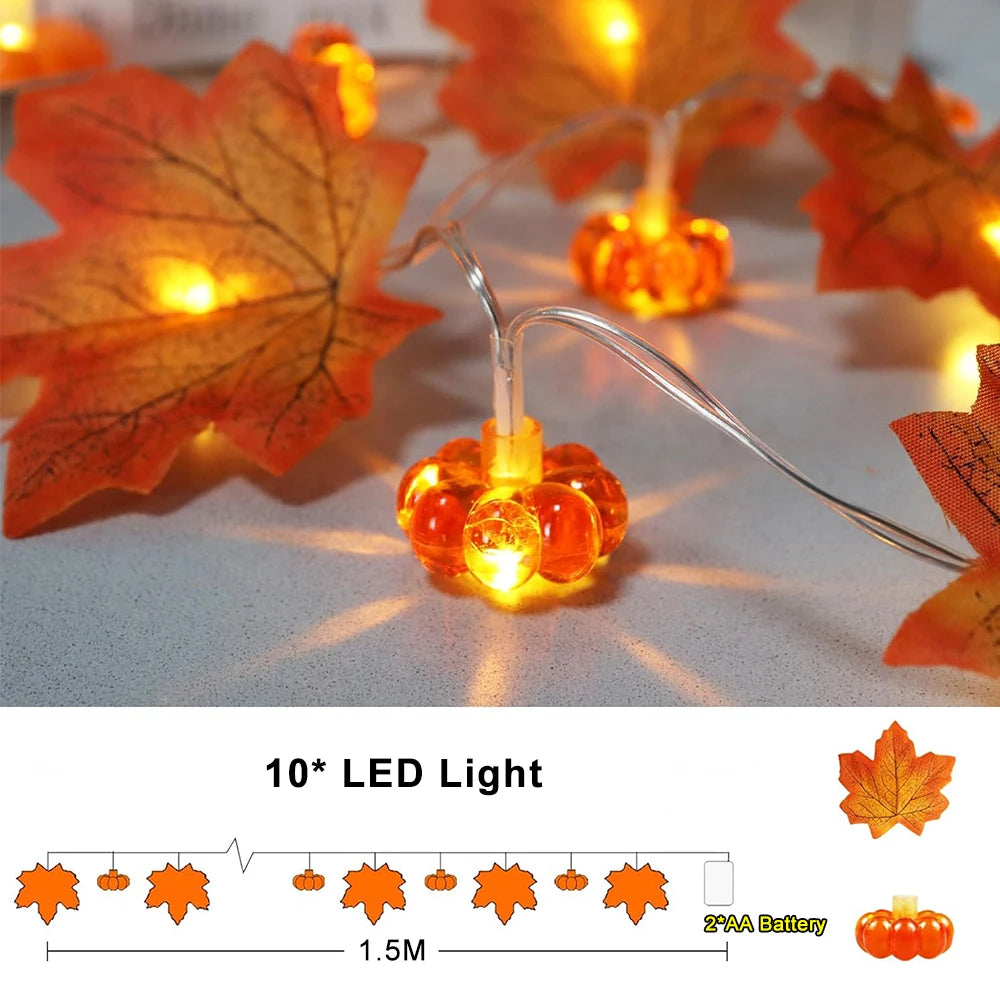 Halloween Pumpkin Maple Leaf LED Light String Fall Decor for Home Party Thanksgiving