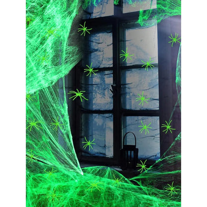 Glow-In-The-Dark Spider Web Set with Spiders, Fluorescent Expandable Spider Web for Halloween Party
