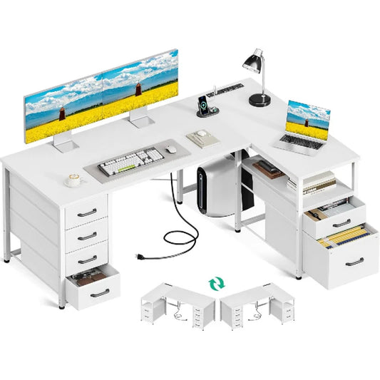 L Shaped Computer Desk with 6 Drawers, Storage Shelf & File Drawer,
