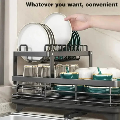 Bowl Rack - 2 Tier Dish Drainer Storage Adjustable Space Saving Organizer