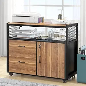 File Cabinet with Drawers and Door, Lockable lateral Filing Cabinet Printer Stand