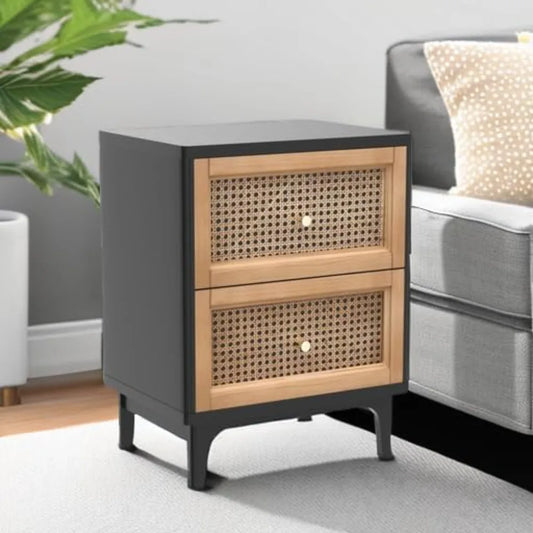 Set of 2 Fully-Assembled 2-Drawer Front Accent Nightstand with Brass Knobs