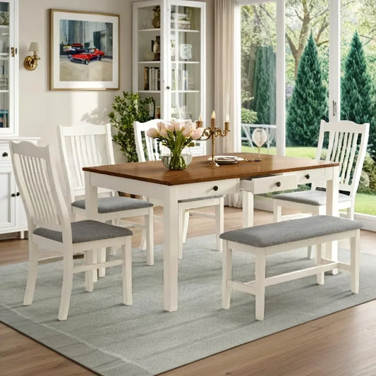 6 Piece, Farmhouse Kitchen Table Set with 4 Upholstered Chairs, Bench and Storage Drawers
