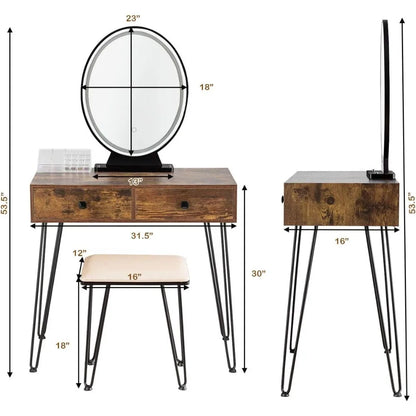 Makeup Vanity Table with Lighted Mirror, 3 Lighting Sets, Adjustable Brightness, 2 Large Drawers, Acrylic Storage Boxes, Girls