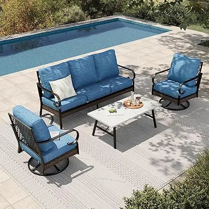 4-Piece Patio Furniture Set with Metal & Rattan Design, Includes 2 Rocking Chairs, 3-Seat Sofa & Marble Coffee Tabl