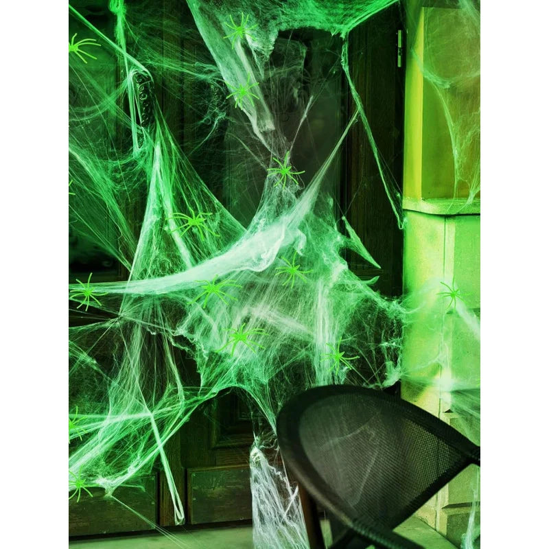 Glow-In-The-Dark Spider Web Set with Spiders, Fluorescent Expandable Spider Web for Halloween Party
