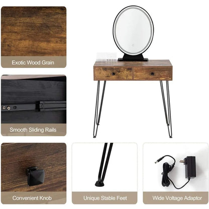 Makeup Vanity Table with Lighted Mirror, 3 Lighting Sets, Adjustable Brightness, 2 Large Drawers, Acrylic Storage Boxes, Girls