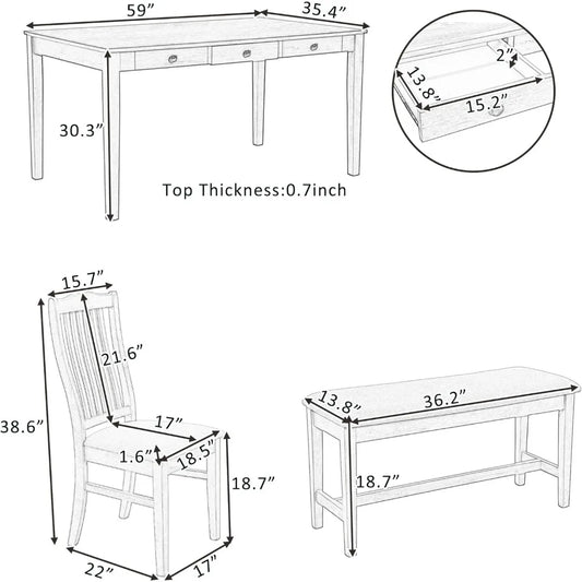 6 Piece, Farmhouse Kitchen Table Set with 4 Upholstered Chairs, Bench and Storage Drawers