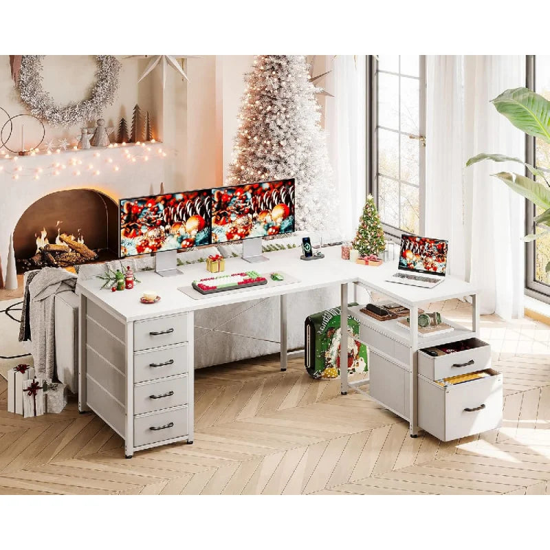 L Shaped Computer Desk with 6 Drawers, Storage Shelf & File Drawer,
