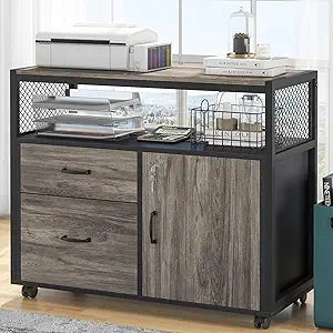 File Cabinet with Drawers and Door, Lockable lateral Filing Cabinet Printer Stand