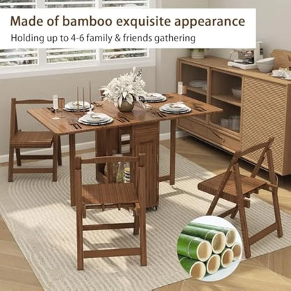 Collapsible Bamboo Drop-Leaf Dining Table with Storage, 4 Chairs and Lockable Wheels