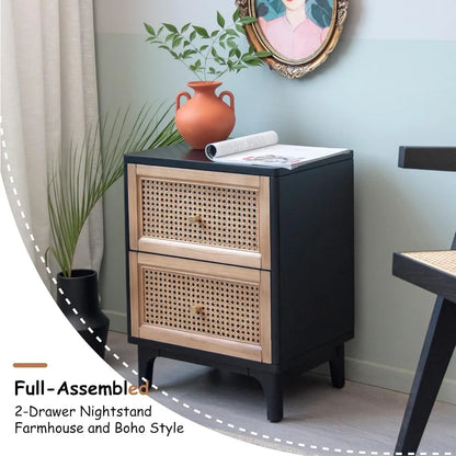 Set of 2 Fully-Assembled 2-Drawer Front Accent Nightstand with Brass Knobs