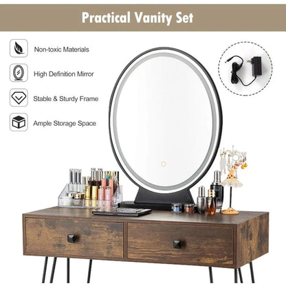 Makeup Vanity Table with Lighted Mirror, 3 Lighting Sets, Adjustable Brightness, 2 Large Drawers, Acrylic Storage Boxes, Girls