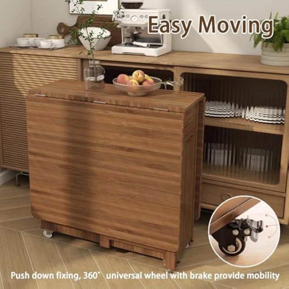 Collapsible Bamboo Drop-Leaf Dining Table with Storage, 4 Chairs and Lockable Wheels