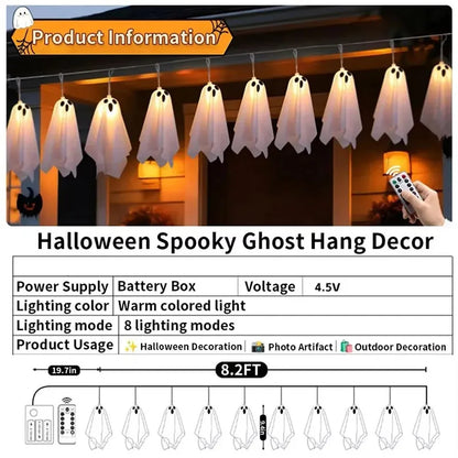 Halloween Ghost String Lights, 10PCS LED  Light Up Glow Garland, 8 Modes Waterproof Garland