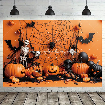 Halloween Backdrop Pumpkins Spider Webs Bats Skeletons Decoration Kids Birthday Party Baby Shower Backgrounds for Photographs