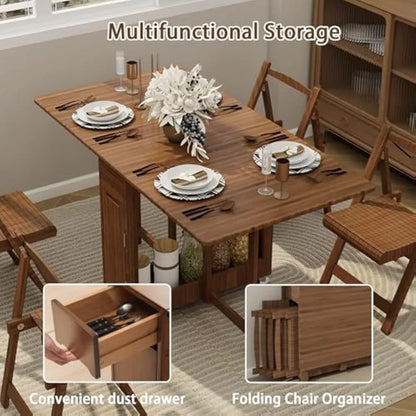 Collapsible Bamboo Drop-Leaf Dining Table with Storage, 4 Chairs and Lockable Wheels