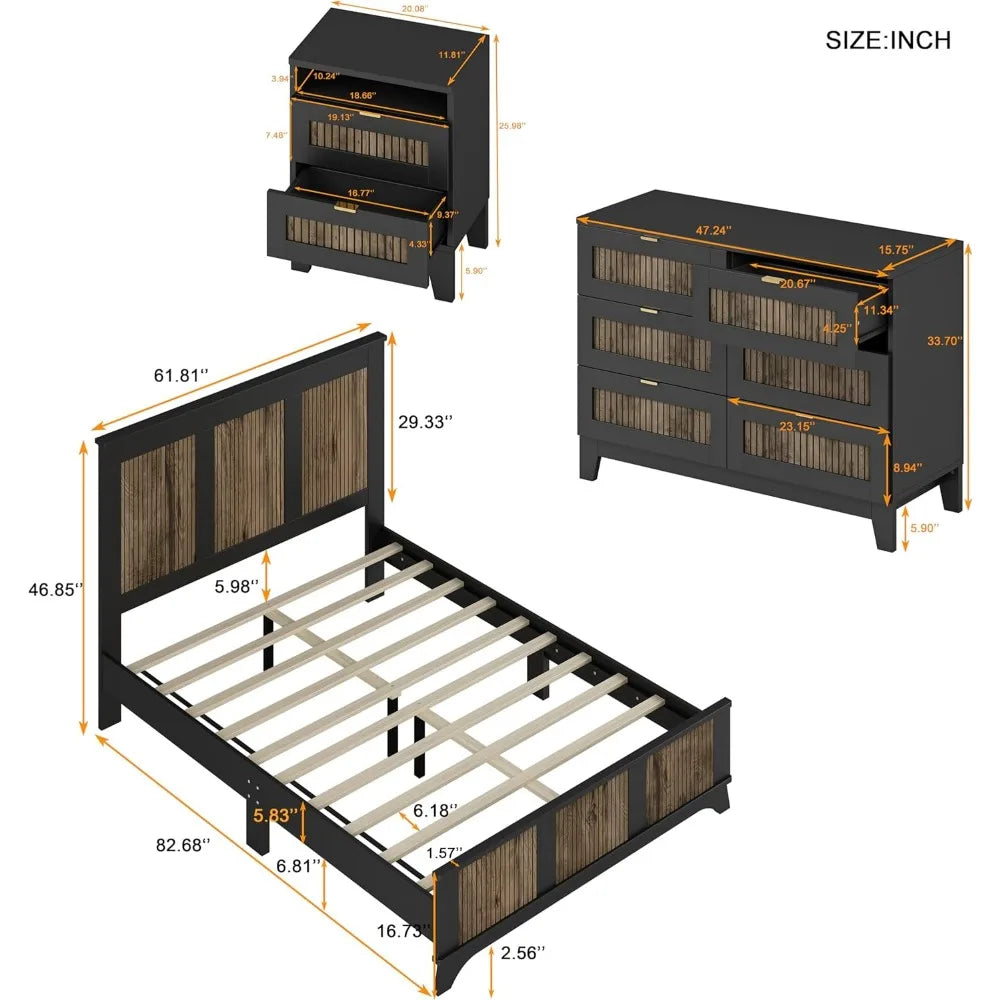 4 Piece Queen Bedroom Set, Queen Size Platform, 2 Nightstands and Dresser