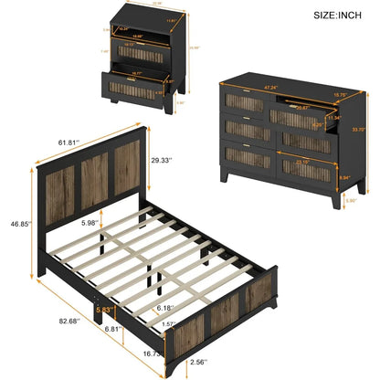 4 Piece Queen Bedroom Set, Queen Size Platform, 2 Nightstands and Dresser