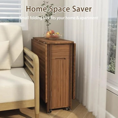 Collapsible Bamboo Drop-Leaf Dining Table with Storage, 4 Chairs and Lockable Wheels