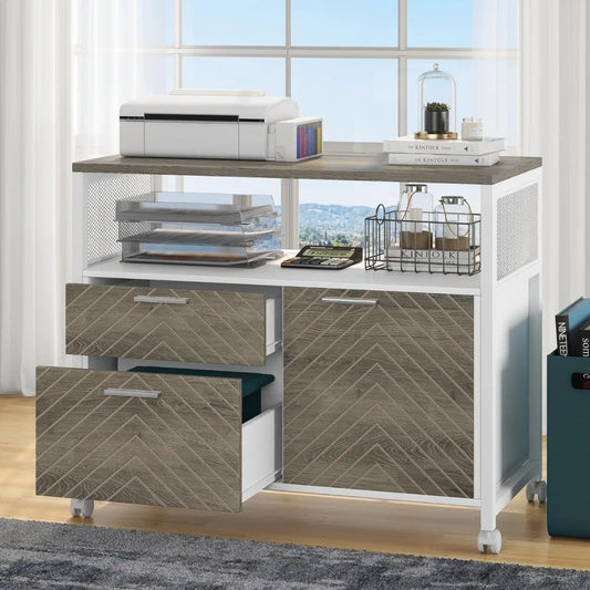 File Cabinet with Drawers and Door, Lockable lateral Filing Cabinet Printer Stand