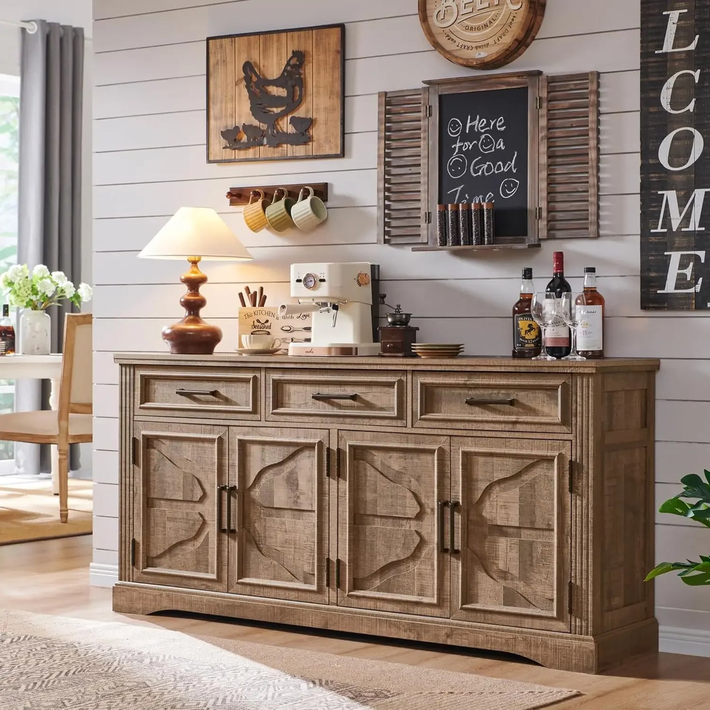 Large Buffet Sideboard Cabinet with 4 Doors and 3 Drawers