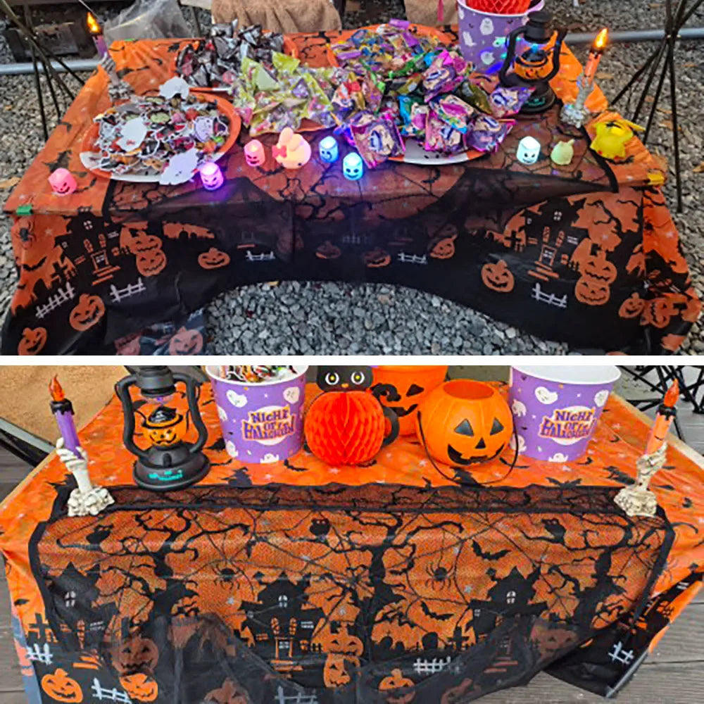 Halloween Party Decoration Tablecloth, Disposable Pumpkin Spider Web Bat Plastic Table Cover,