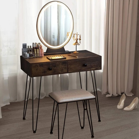 Makeup Vanity Table with Lighted Mirror, 3 Lighting Sets, Adjustable Brightness, 2 Large Drawers, Acrylic Storage Boxes, Girls