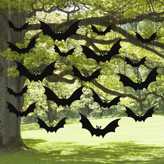 12pcs Hanging Bats Halloween Outdoor Decor. Bats 3 Sizes Hang on Trees Porches Yards Lawns.