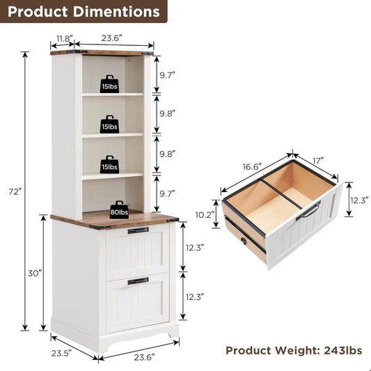 Bookcase with 2 File Drawers, Bookshelf with Storage and Adjustable Shelves