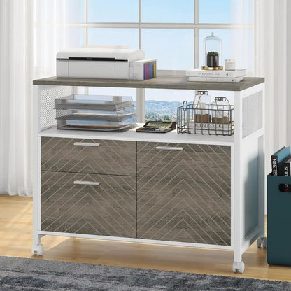 File Cabinet with Drawers and Door, Lockable lateral Filing Cabinet Printer Stand