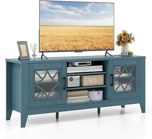Farmhouse TV Stand w/Glass Door Cabinets & 4 Adjustable Shelves