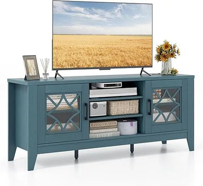 Farmhouse TV Stand w/Glass Door Cabinets & 4 Adjustable Shelves