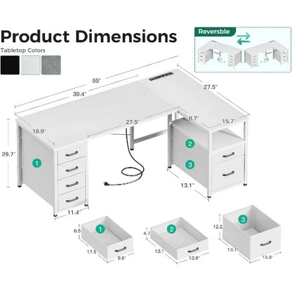 L Shaped Computer Desk with 6 Drawers, Storage Shelf & File Drawer,