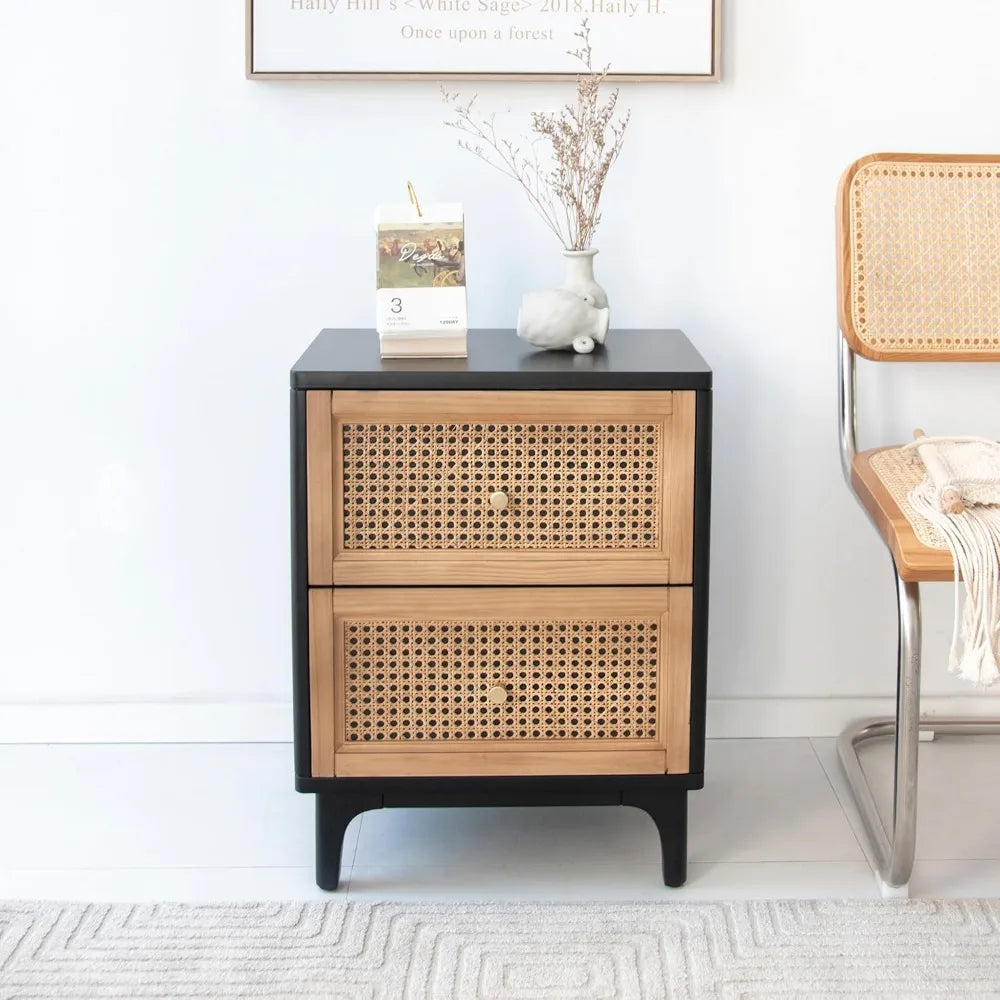 Set of 2 Fully-Assembled 2-Drawer Front Accent Nightstand with Brass Knobs