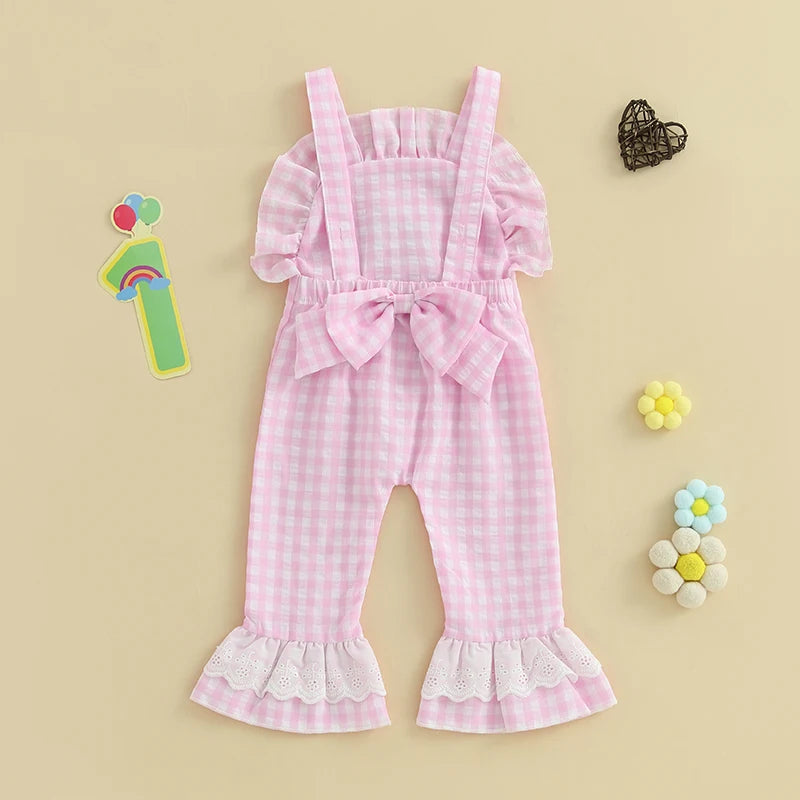 Baby Girl Rompers Sleeveless Letter Embroidery Plaid Jumpsuit Suspender Pants Summer Outfit