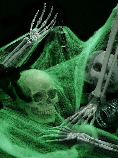 Glow-In-The-Dark Spider Web Set with Spiders, Fluorescent Expandable Spider Web for Halloween Party