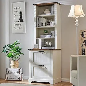 Bookcase with 2 File Drawers, Bookshelf with Storage and Adjustable Shelves