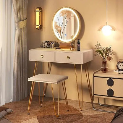 Makeup Vanity Table with Lighted Mirror, 3 Lighting Sets, Adjustable Brightness, 2 Large Drawers, Acrylic Storage Boxes, Girls