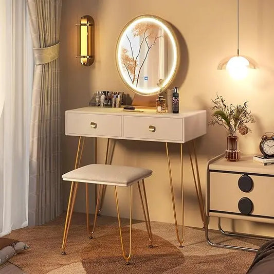 Makeup Vanity Table with Lighted Mirror, 3 Lighting Sets, Adjustable Brightness, 2 Large Drawers, Acrylic Storage Boxes, Girls